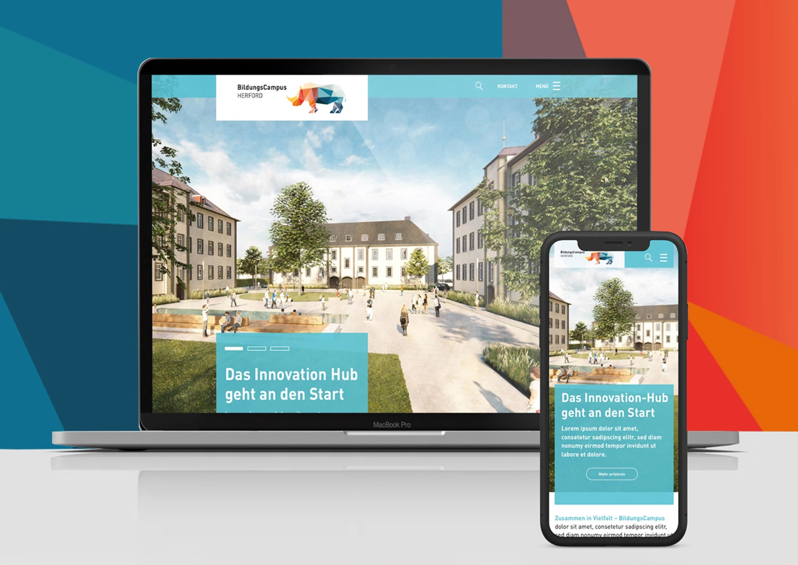 Website zur Veranschaulichung de neuen Brandings des SEH BildungsCampus Herford auf Laptop und Smartphone mit Startseite zum Innovation Hub