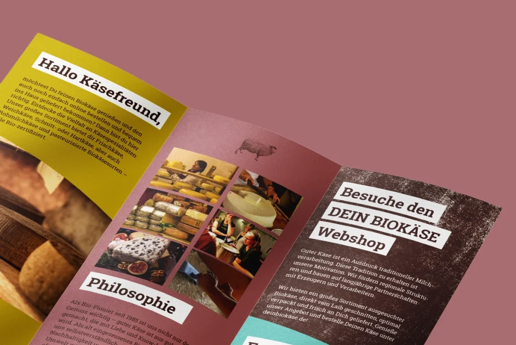 Detailaufnahme des Flyers von DEIN BIOKÄSE mit Text, Bildern von Käseherstellung sowie Hinweisen zum Webshop und zur Markenphilosophie
