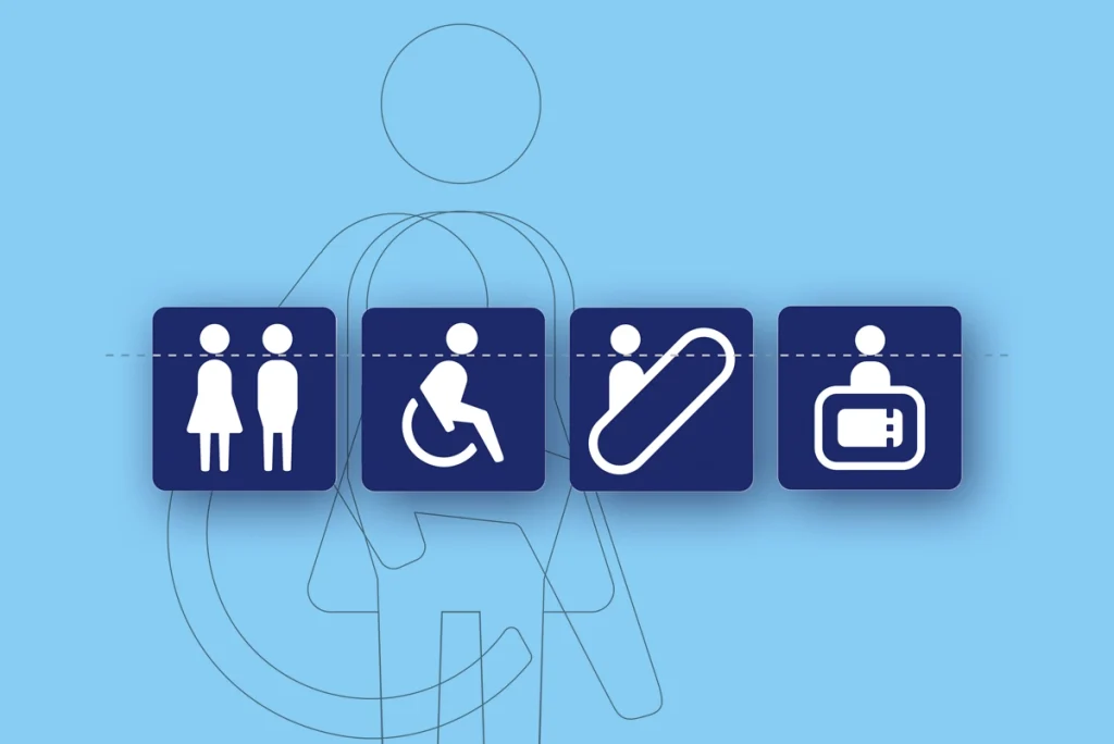 Piktogrammreihe, Entwurf eines modernen Piktogrammsystems für die Deutsche Bahn mit Icons zu Zug, Bus, Fahrrad, Barrierefreiheit und Orientierung – entwickelt von R211 für eine zeitgemäße Wegeleitung.