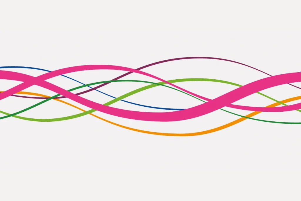 Grafisches element aus dem leitsystem der klinik: geschwungene bunte linien in pink, grün, orange, blau und violett auf weißem hintergrund