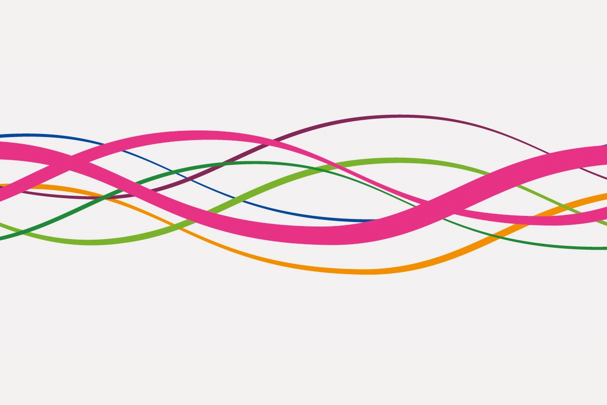 Graphic element from the clinic's signage system: curved colorful lines in pink, green, orange, blue, and purple on a white background