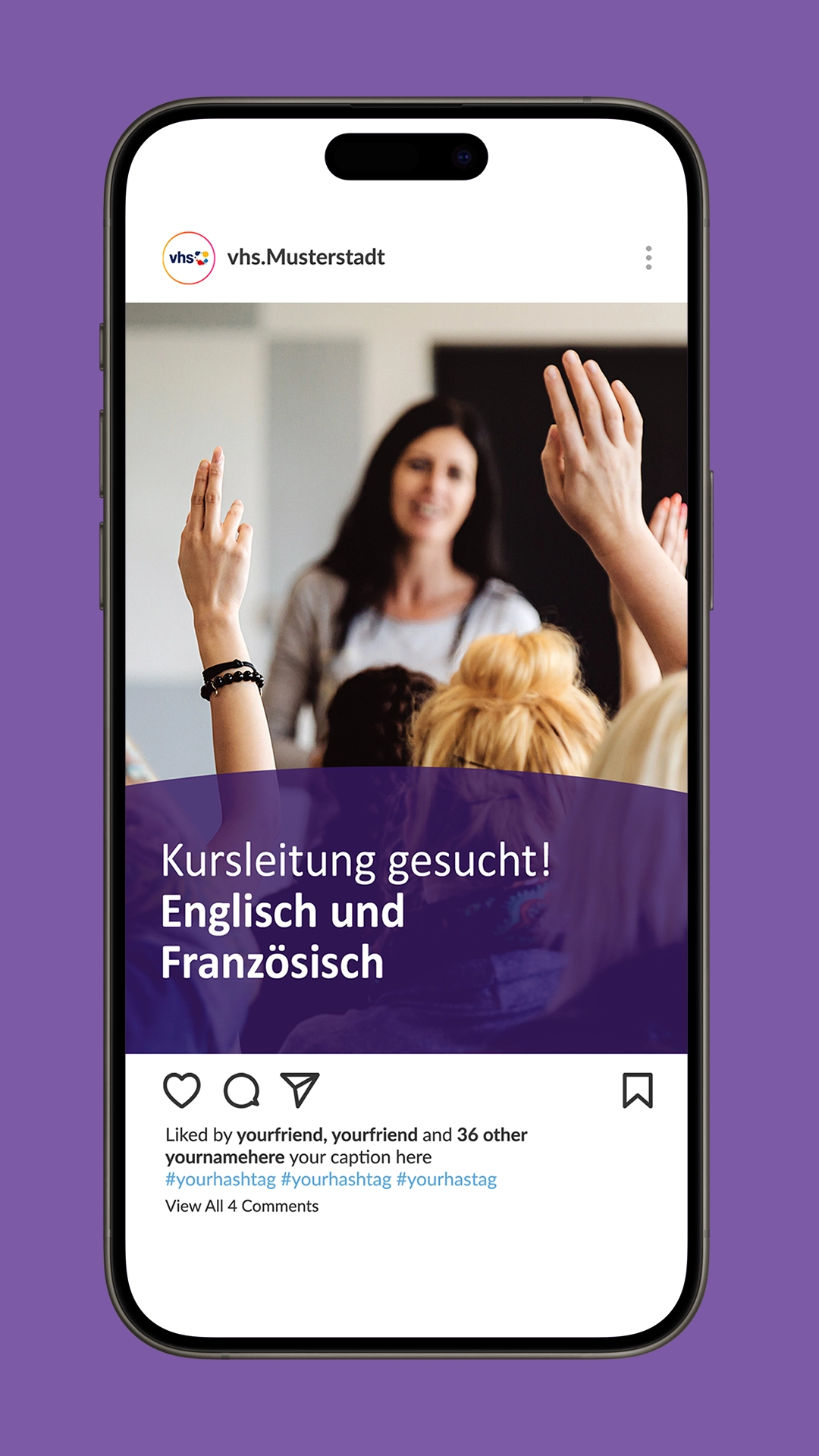 Ansicht Social Media Posting als Beispiel für individualisierbare Visuals, die vom Deutscher Volkshochschulverband als Templates zur Verfügung gestellt werden. Gestaltung durch die R211-Agentur.