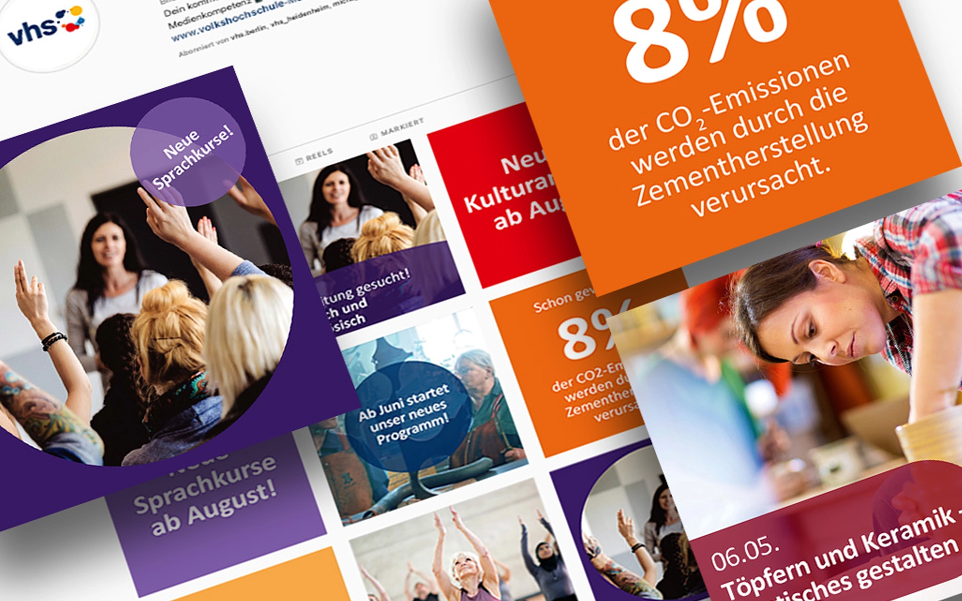 Übersicht über die gestalteten Templates und Visuals für Social Media Postings vom Deutscher Volkshochschulverband, die von den Volkshochschulen individuell angepasst und genutzt werden können. Konzeption und Gestaltung durch die R211-Agentur.