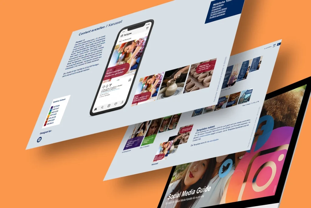 Übersicht über die gestalteten Templates und Visuals für Social Media Postings vom Deutscher Volkshochschulverband, die von den Volkshochschulen individuell angepasst und genutzt werden können. Konzeption und Gestaltung durch die R211-Agentur.