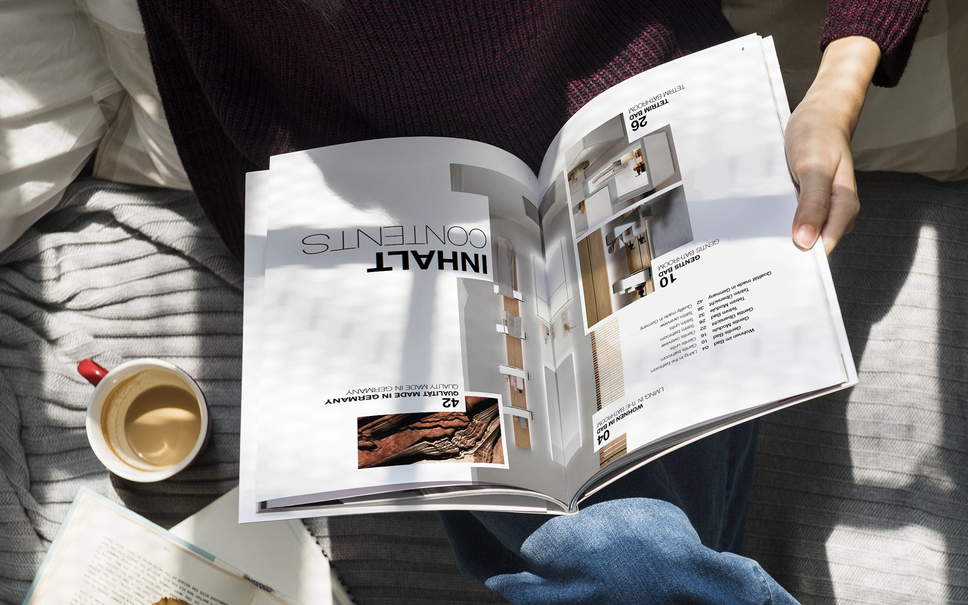 Close-up of a newly conceived and designed bathroom catalog for hülsta. Design and implementation by R211 agency.