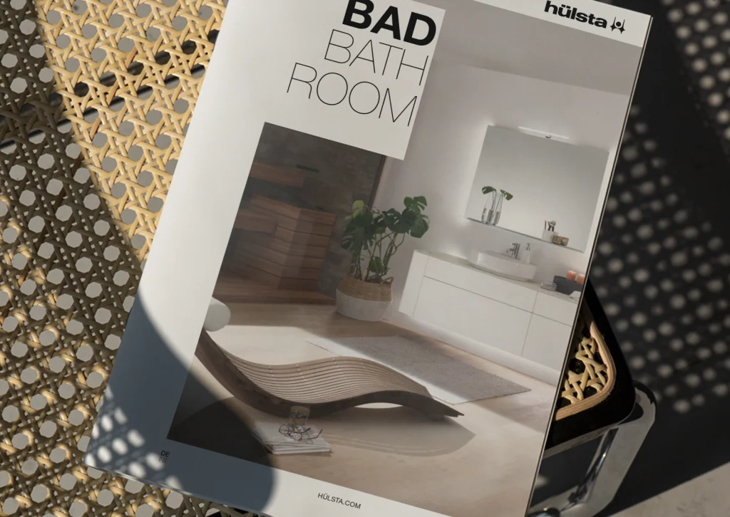 Close-up of a newly conceived and designed bathroom catalog for hülsta. Design and implementation by R211 agency.