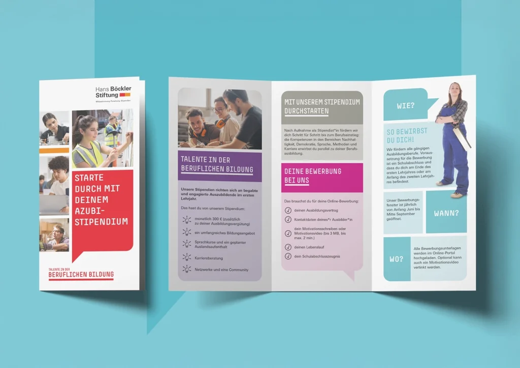 Ansicht des Print-Flyers zum TIBB-Projekt der Hans-Böckler-Stiftung mit Titelseite und aufgeklappter Innenseite.