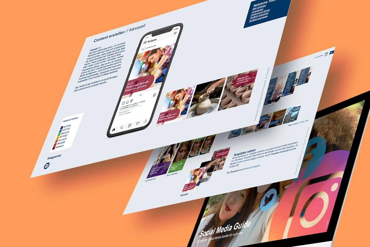 Übersicht über die gestalteten Templates und Visuals für Social Media Postings, die von den Volkshochschulen individuell angepasst und genutzt werden können. Konzeption und Gestaltung durch die R211-Agentur.