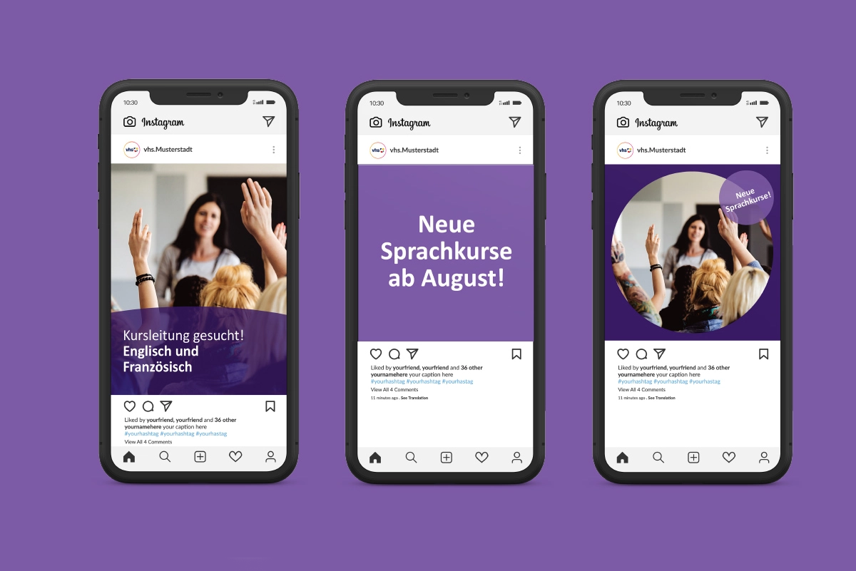 Ansicht von drei Social Media Postings als Beispiel für individualisierbare Visuals, die den Volkshochschulen vom Dachverband als Templates zur Verfügung gestellt werden. Gestaltung durch die R211-Agentur.