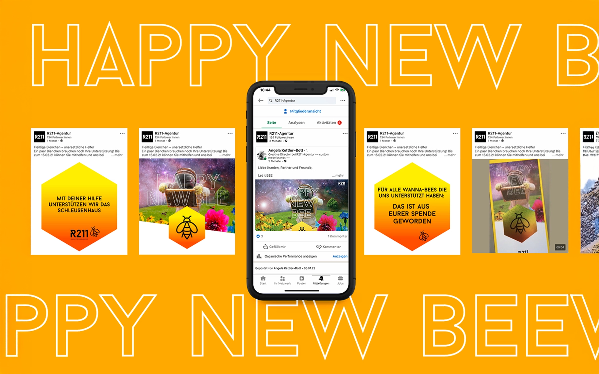 Carousel-Posting mit mehreren Slides zur Darstellung der Happy New Bee-Website – inklusive Visual mit Imker im All und fliegenden Bienen. Eigenprojekt der R211-Agentur im Rahmen der jährlich stattfindenden Spendenaktion für regionale Naturschutzprojekte.