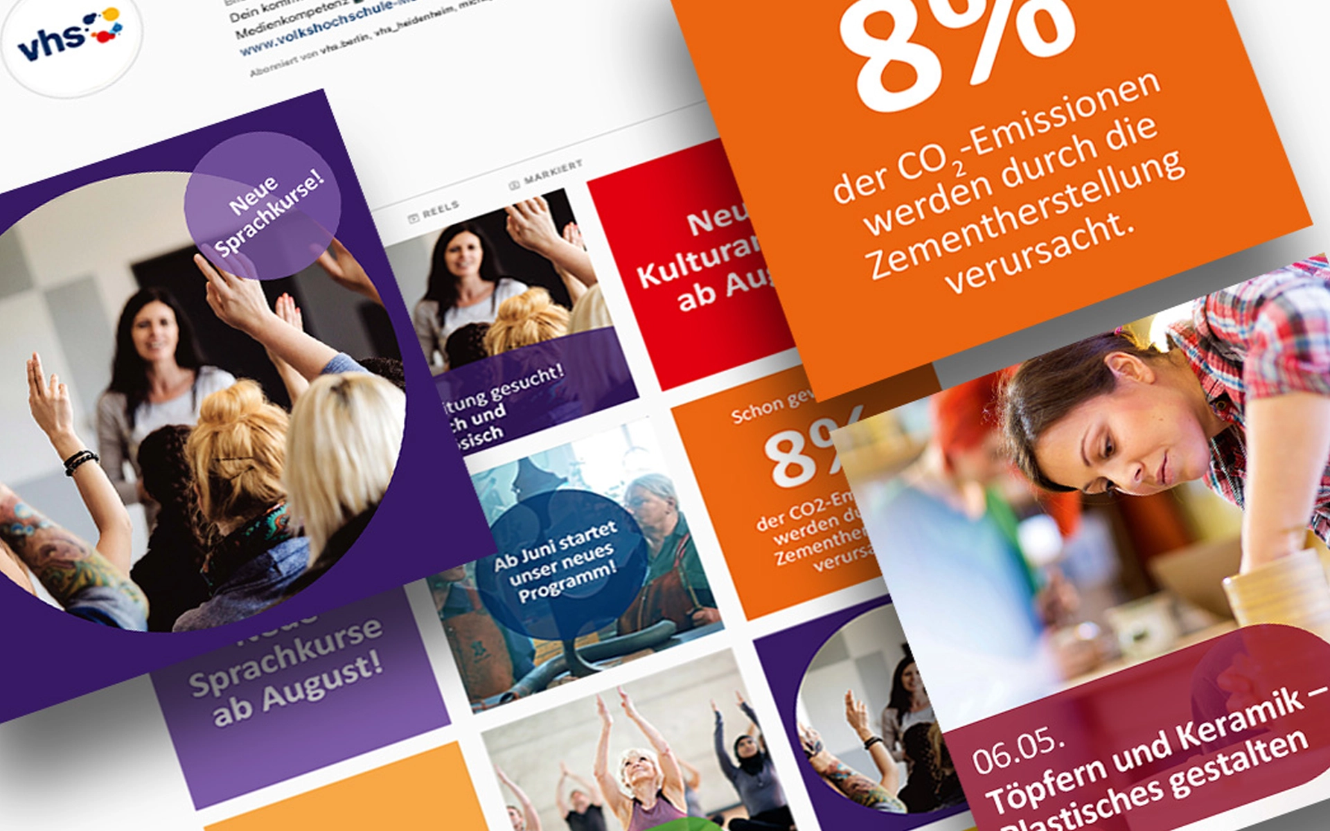 Übersicht über die gestalteten Templates und Visuals für Social Media Postings, die von den Volkshochschulen individuell angepasst und genutzt werden können. Konzeption und Gestaltung durch die R211-Agentur.