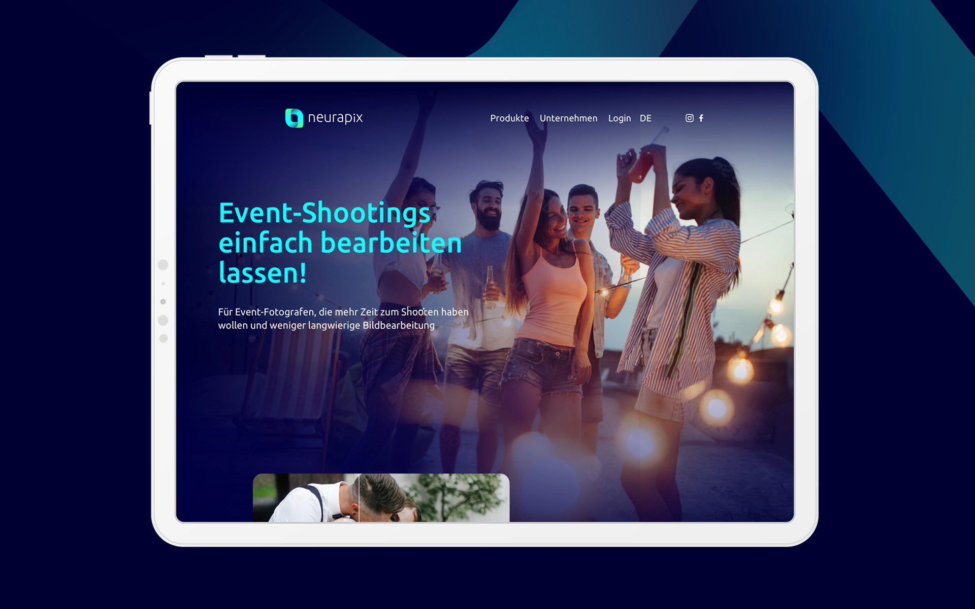 Ansicht der Startseite eines B2B-Startups im Bereich KI-basierter Fotografie-Optimierung auf einem Tablet. Zielgruppe sind professionelle Fotografen. Die Marke wurde im Rahmen eines Workshops strategisch geschärft und durch R211 vollständig rebranded.