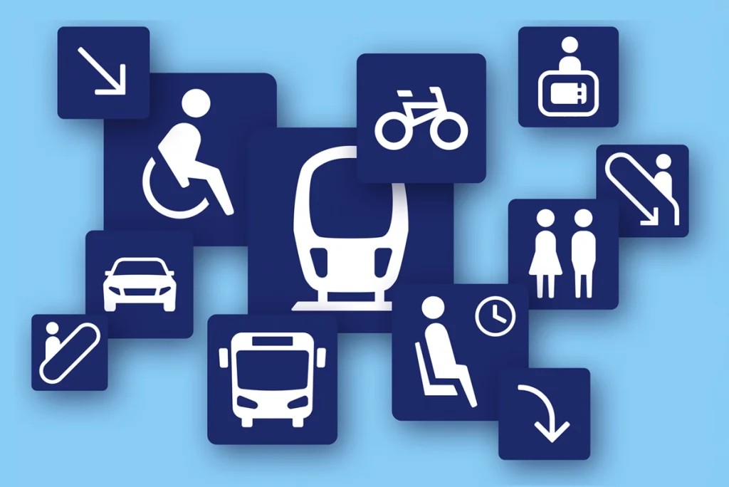Piktogrammreihe, Entwurf eines modernen Piktogrammsystems für die Deutsche Bahn mit Icons zu Zug, Bus, Fahrrad, Barrierefreiheit und Orientierung – entwickelt von R211 für eine zeitgemäße Wegeleitung.