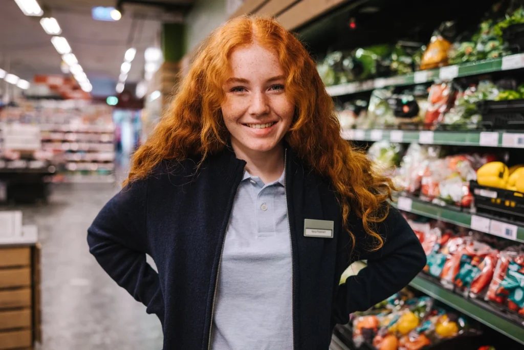Auszubildende mit Namensschild im Marktumfeld als Motiv der Stipendienkampagne TIBB-Talente in der beruflichen Bildung der Hans-Böckler-Stiftung