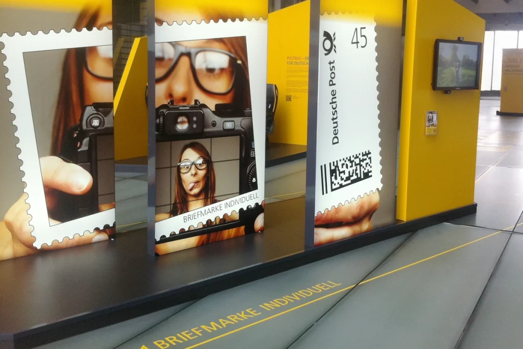 View of a media station on the topic of "Individual Stamp" of the Level 3.0 exhibition in the Deutsche Post DHL Tower in Bonn