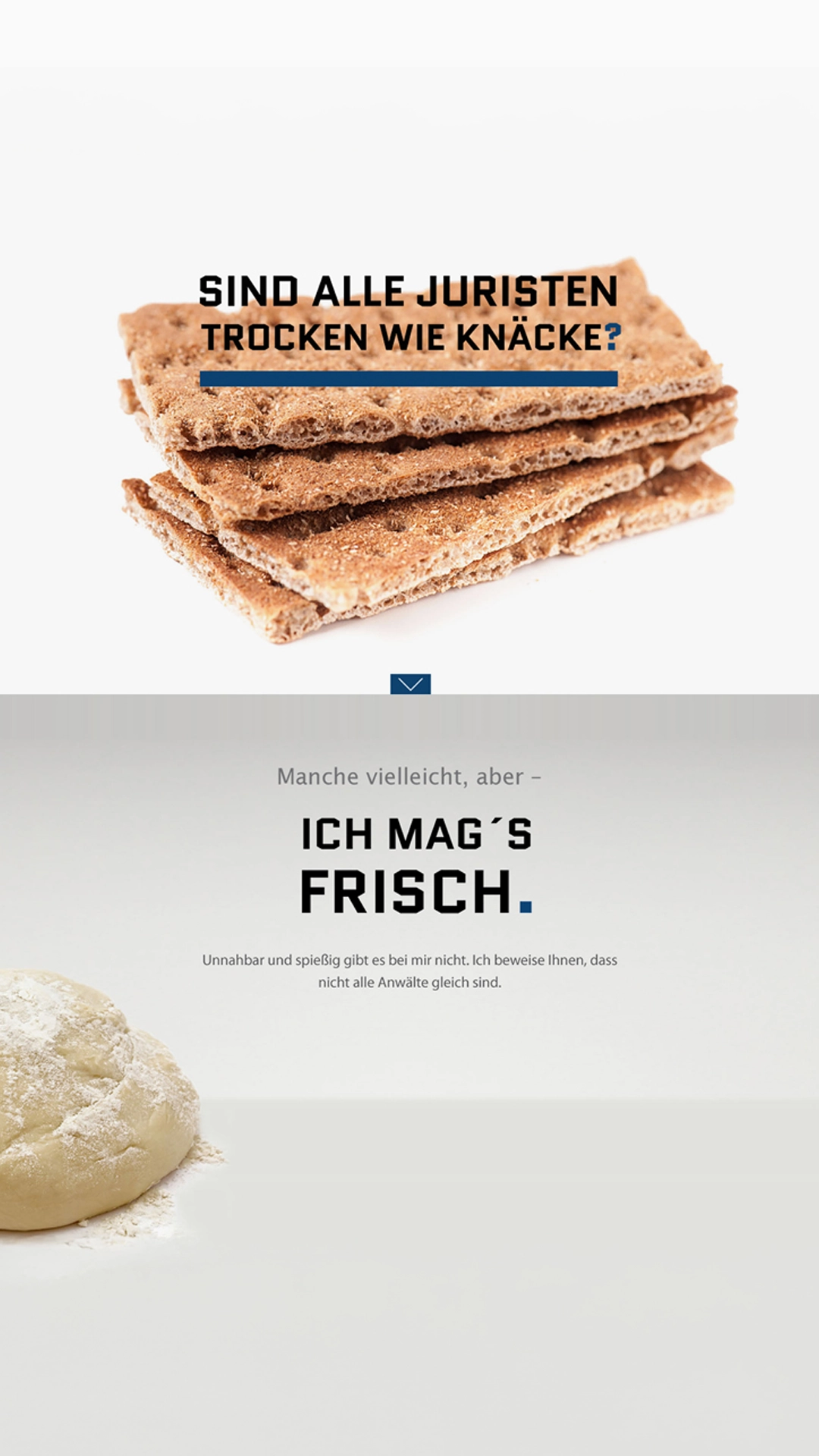 Ausschnitt aus der neu gestalteten Website für eine Anwaltskanzlei mit dem provokativen Spruch "Sind alle Juristen trocken wir Knäcke?"