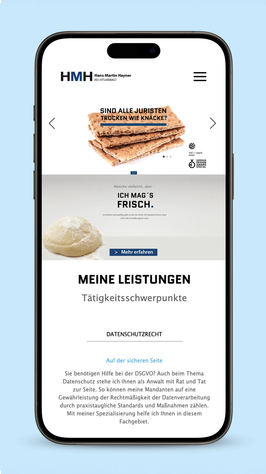 Mobile Ansicht der neu gestalteten Website für eine Anwaltskanzlei mit dem provokativen Spruch "Sind alle Juristen trocken wir Knäcke?"