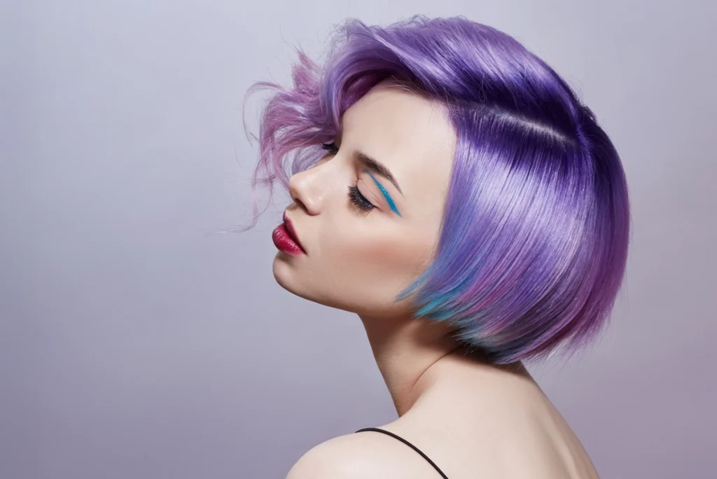 Porträt eines Haarmodells mit Bob-Frisur, violetten Haaren und roten Lippen -stehend für die Friseurbranche