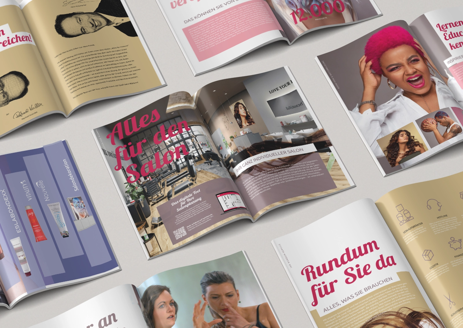 Aufgeklappte Broschüre aus dem Hair-Haus-Neukundenpaket mit Salon-Themen und Kampagnenmotiven, Gestaltung und Umsetzung durch R211-Agentur