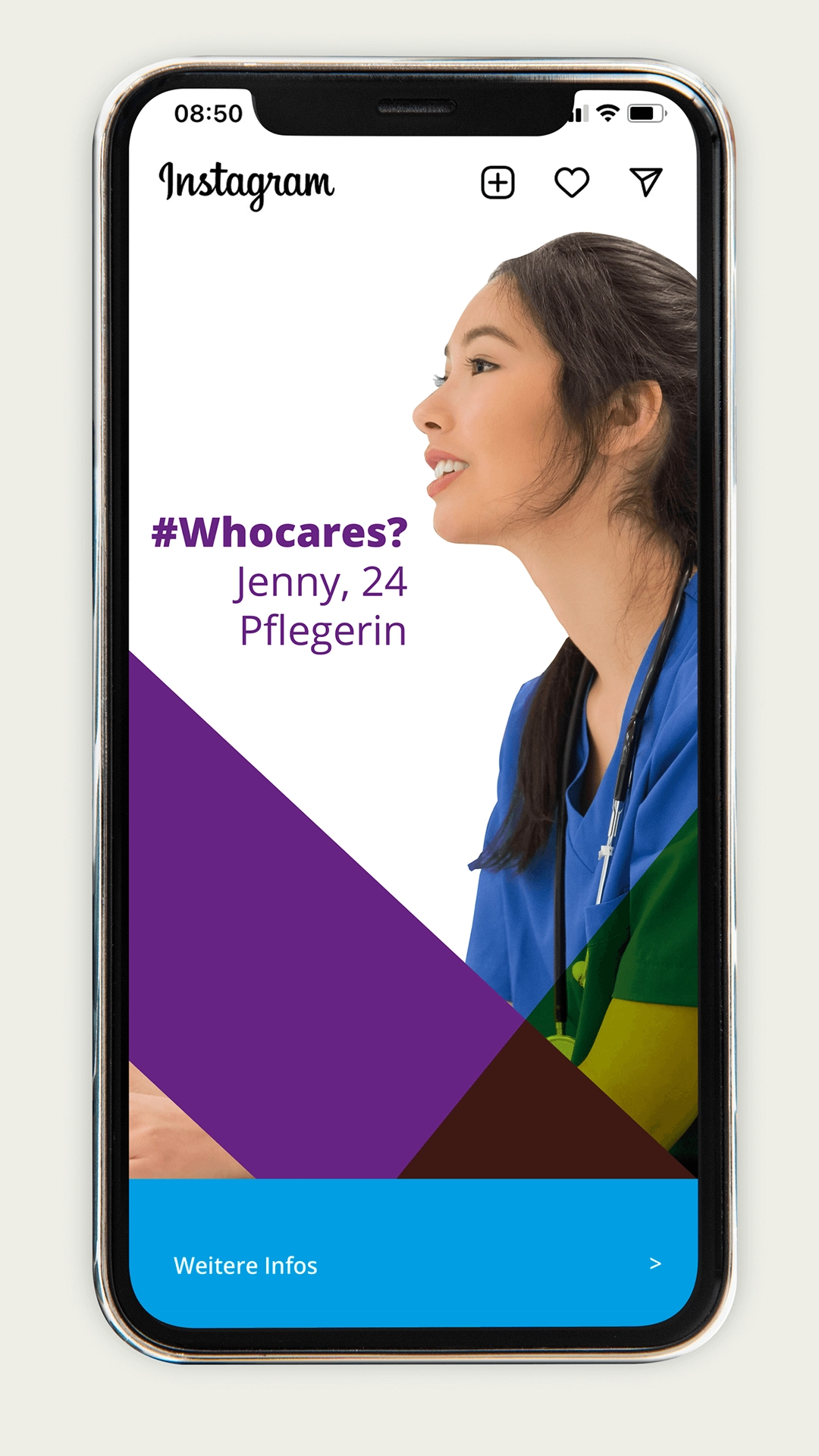 Smartphone mit Instagram-Post, darauf junge Frau in blauer Pflegekleidung, daneben Text „#Whocares? Jenny, 24 Pflegerin“, unten bunte grafische Flächen und Button „Weitere Infos“