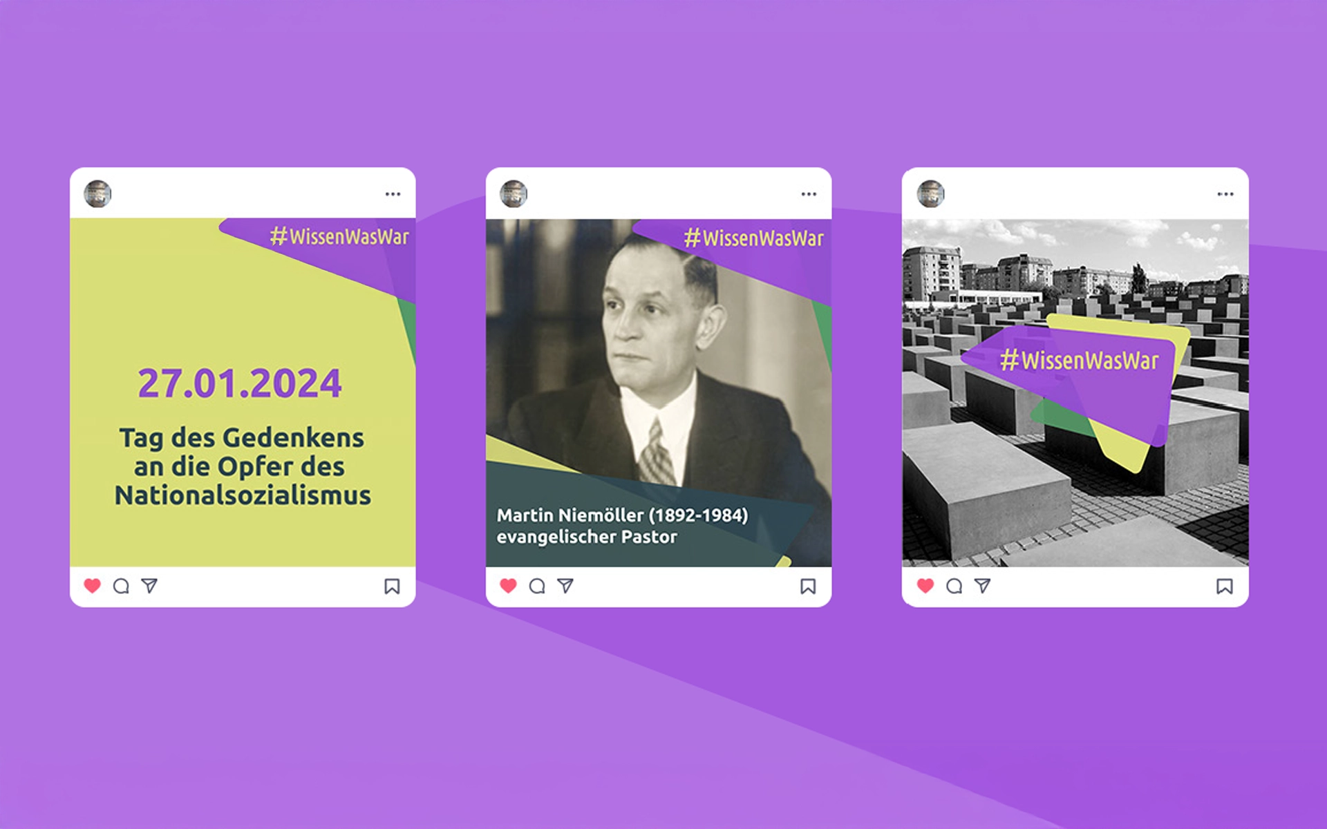 Drei beispielhafte Social Media Postings zur Veranschaulichung der individualisierbaren Templates für die Gedenkkampagne zum 27. Januar. Gestaltung und Umsetzung durch die R211-Agentur im Auftrag des Gedenkstättenreferats Berlin.
