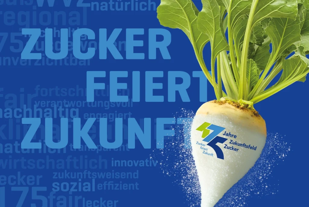 Jubiläums-Corporate Design für den Verband Wirtschaftliche Vereinigung Zucker e. V. mit Key Visual einer Zuckerrübe und dem Schriftzug "Zucker feiert Zukunft"