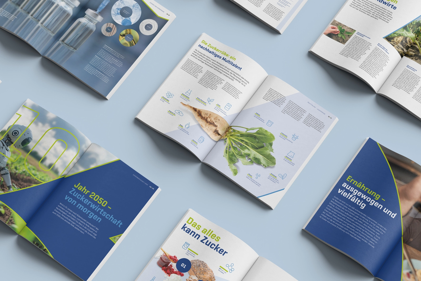 Ansicht der Jubiläumspublikation mit einem Auszug aus mehreren Seiten für den Verband Wirtschaftliche Vereinigung Zucker e. V.