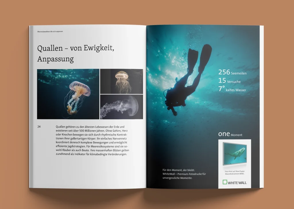 Taucher in der Tiefe des Meeres kurz bevor er den Wal fotografiert, Motiv der Whitewall Kampagne