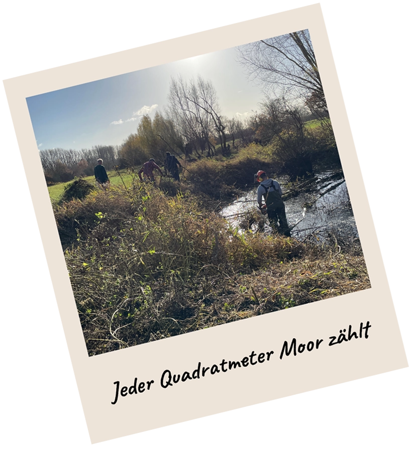 Polaroid-Foto mit mehreren Personen, die in einem Moorgebiet arbeiten. Sie tragen Gummistiefel und Werkzeuge, um Wasserläufe freizulegen. Die Beschriftung lautet „Jeder Quadratmeter Moor zählt“. Das Bild ist Teil der R211-Spendenaktion „Happy New Moore“, die sich für den Schutz und die Wiederherstellung heimischer Moore einsetzt