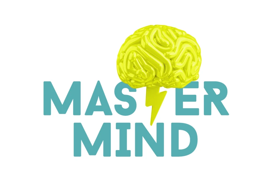 Das Wort „mastermind“ wird mit einem illustrierten Gehirn dargestellt